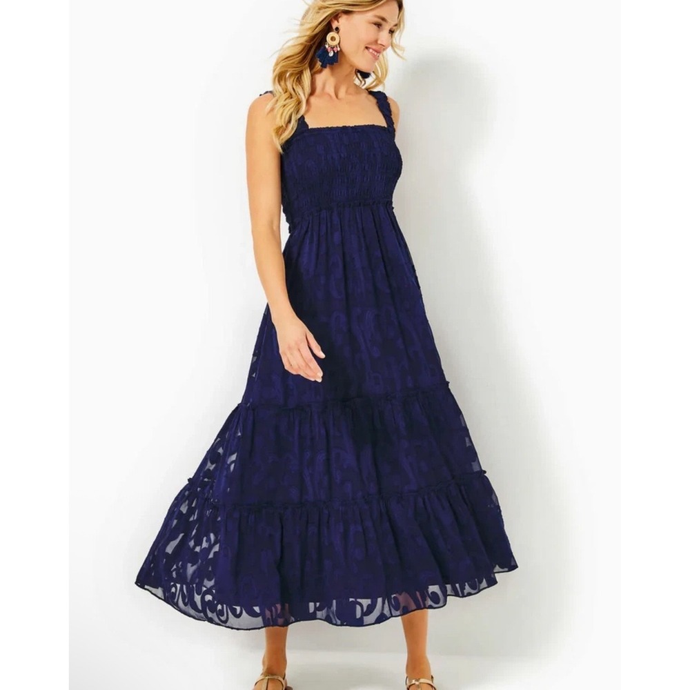 Lilly Pulitzer Hadley Smocked Maxi  Dress Small Navy Blue Paisley Preppy Tiered - Picture 2 of 12